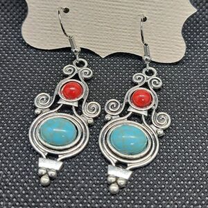 Silver Tribal Drop Earrings w/Faux Turquoise
